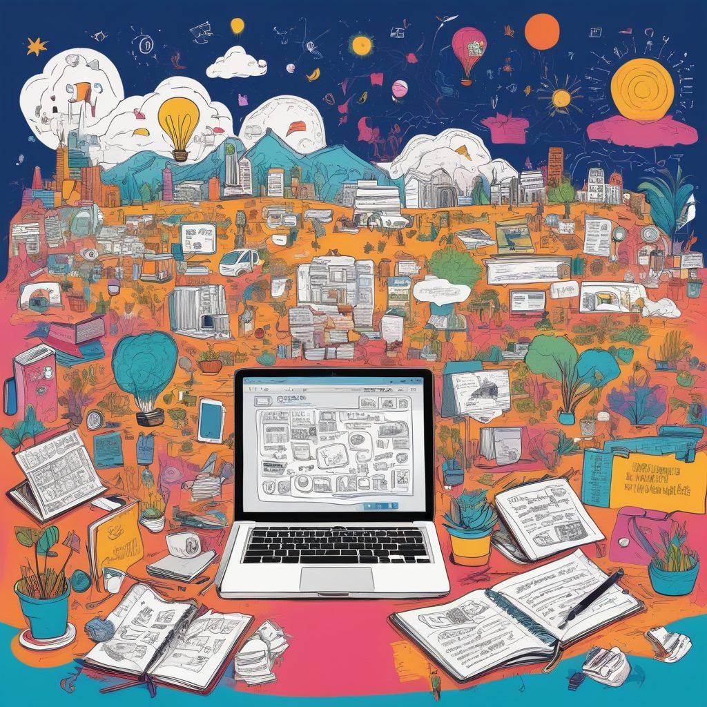 A colorful digital landscape showcasing a diverse community of bloggers, with various personal diaries represented as open notebooks filled with vibrant, creative doodles and text. Include symbols of social media, technology, and creativity, such as tablets, smartphones, and lightbulbs, while people of different backgrounds interact joyfully. The scene should convey a sense of exploration and connection in the digital realm. vibrant colors. modern illustration.