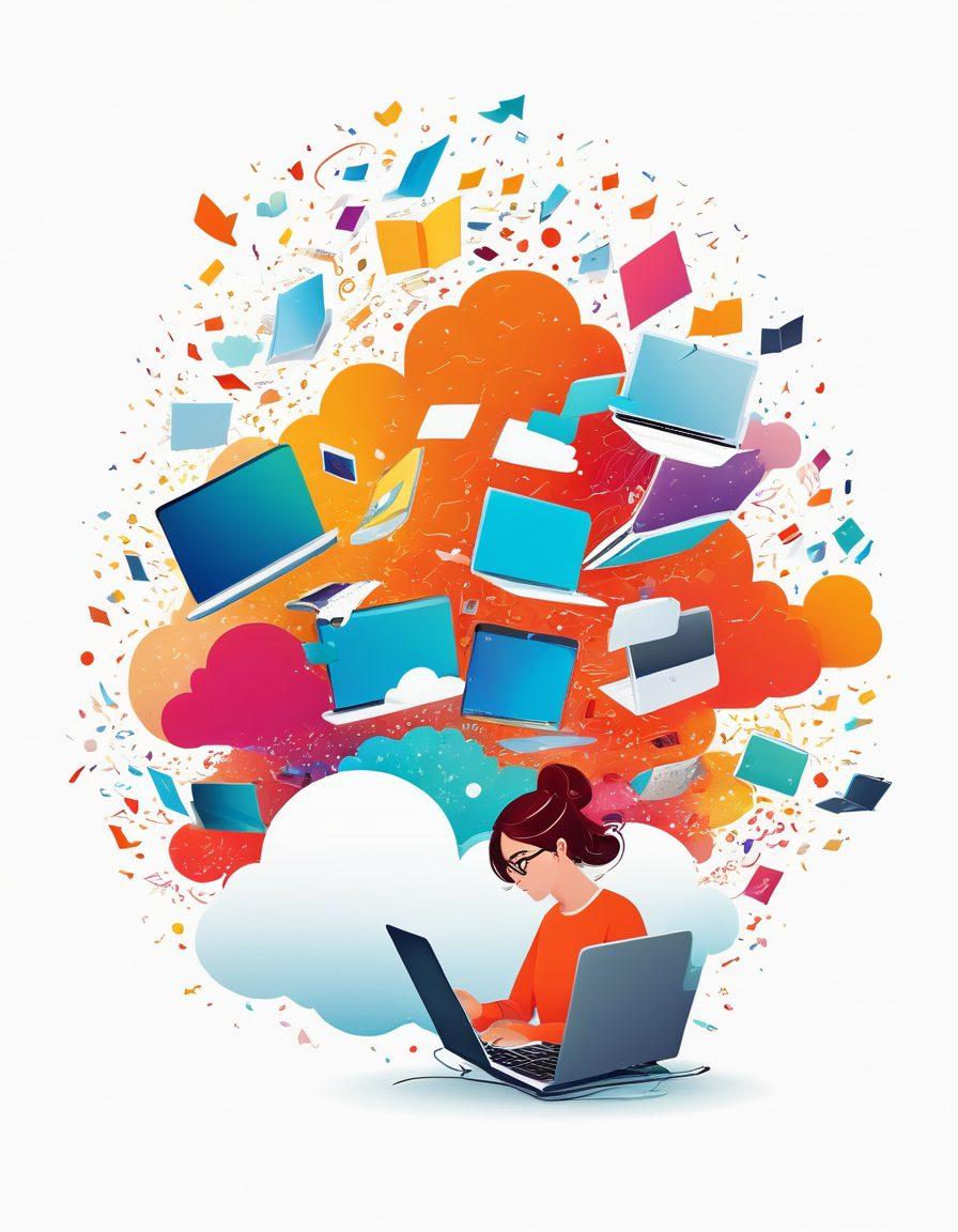 A whimsical illustration of a flowing diary transforming into digital pixels, with vibrant colors and a backdrop of diverse bloggers engaged in writing on laptops and tablets. Include elements like a cloud representing the digital realm and scattered thoughts in the air, symbolizing personal expression. The scene should radiate creativity and connection. vector art. vibrant colors. white background.